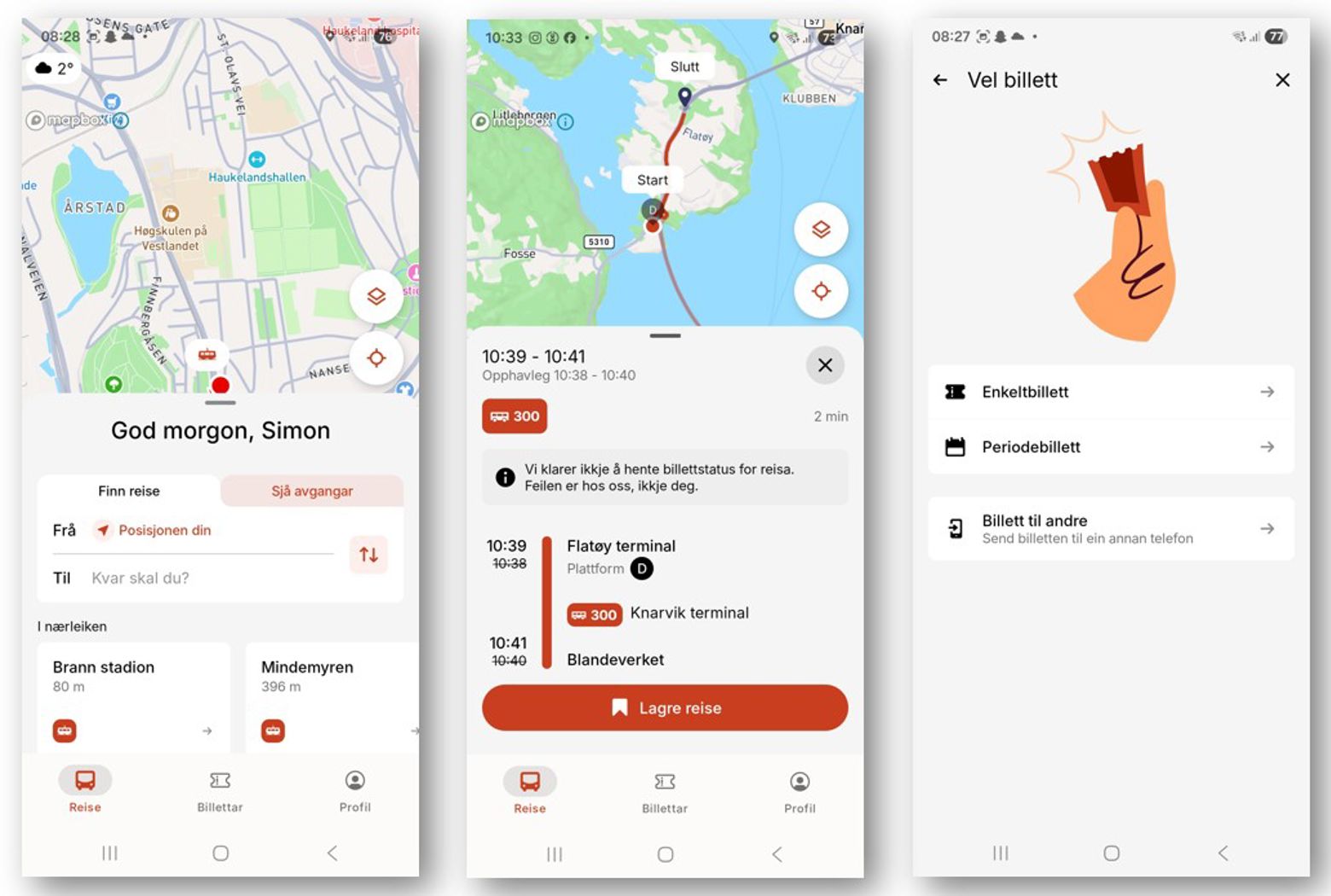 Skjermbilder av den nye Skyss-appen.
