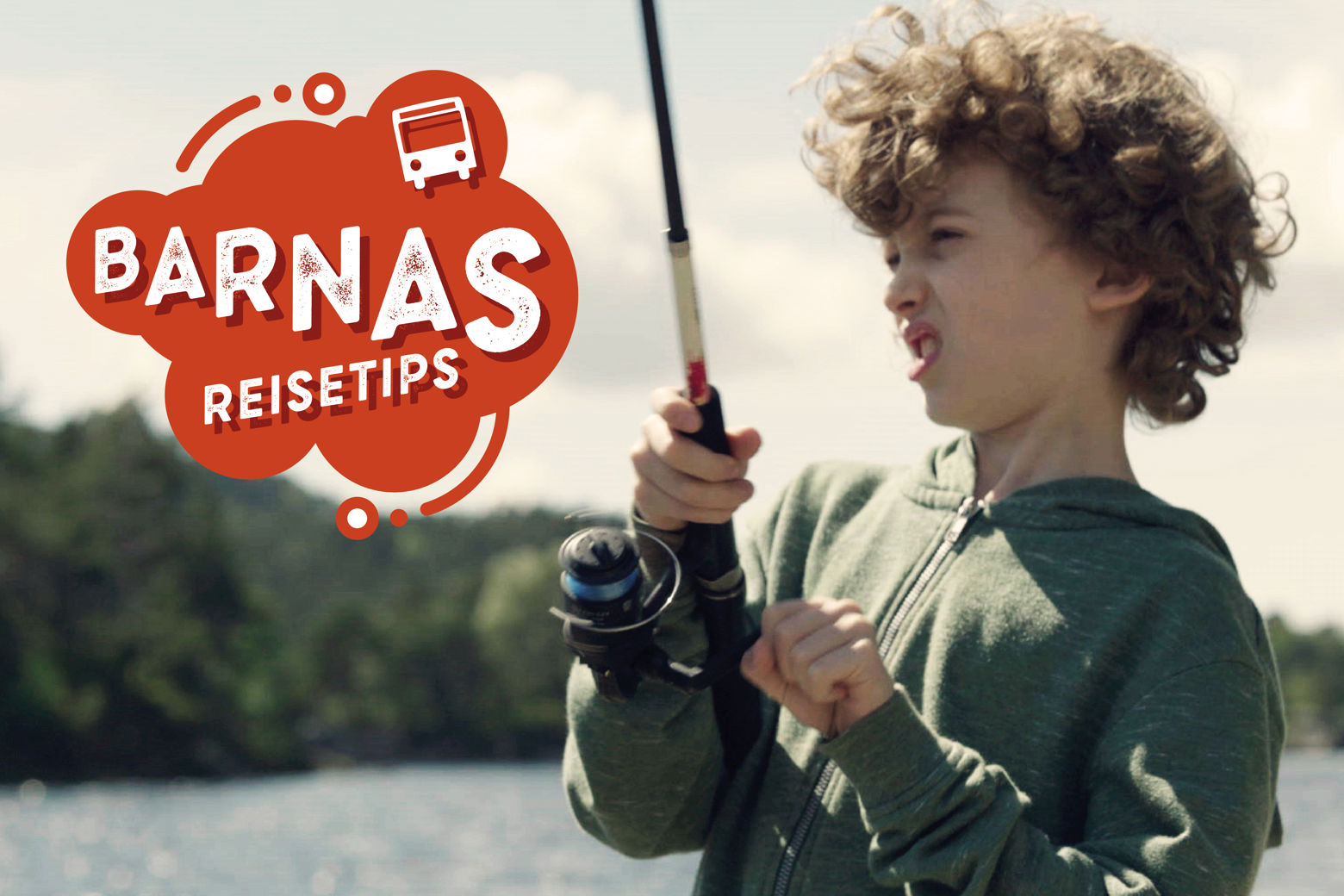 Gutt som fisker, med teksten "Barnas reisetips"